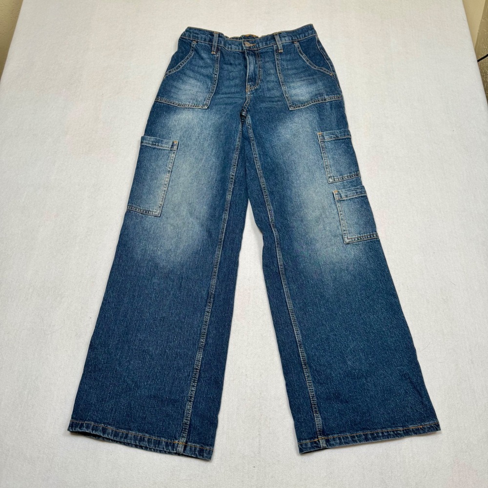 No Boundaries Womens Wide Leg Cargo Jeans Medium Wash Blue Denim Size S 4-6